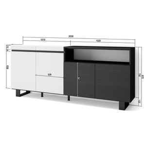 Credenza, Mobile, 200x35x87cm, 4 Porte, Design industriale, Bianco e nero RF2396