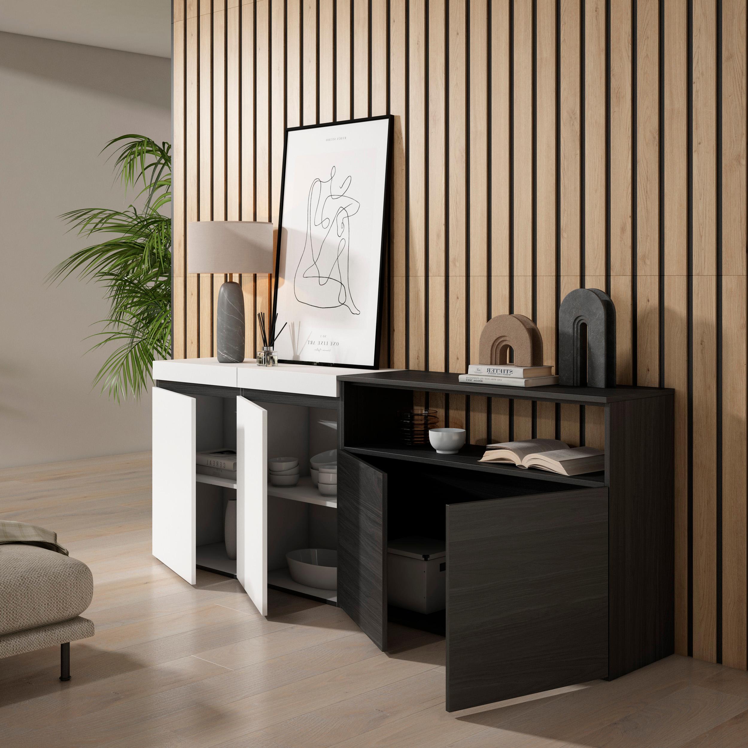 Credenza, Mobile, 200x35x75cm, 4 Porte, grande stoccaggio, Bianco e nero RF2395