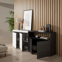 Credenza, Mobile, 200x35x75cm, 4 Porte, grande stoccaggio, Bianco e nero RF2403