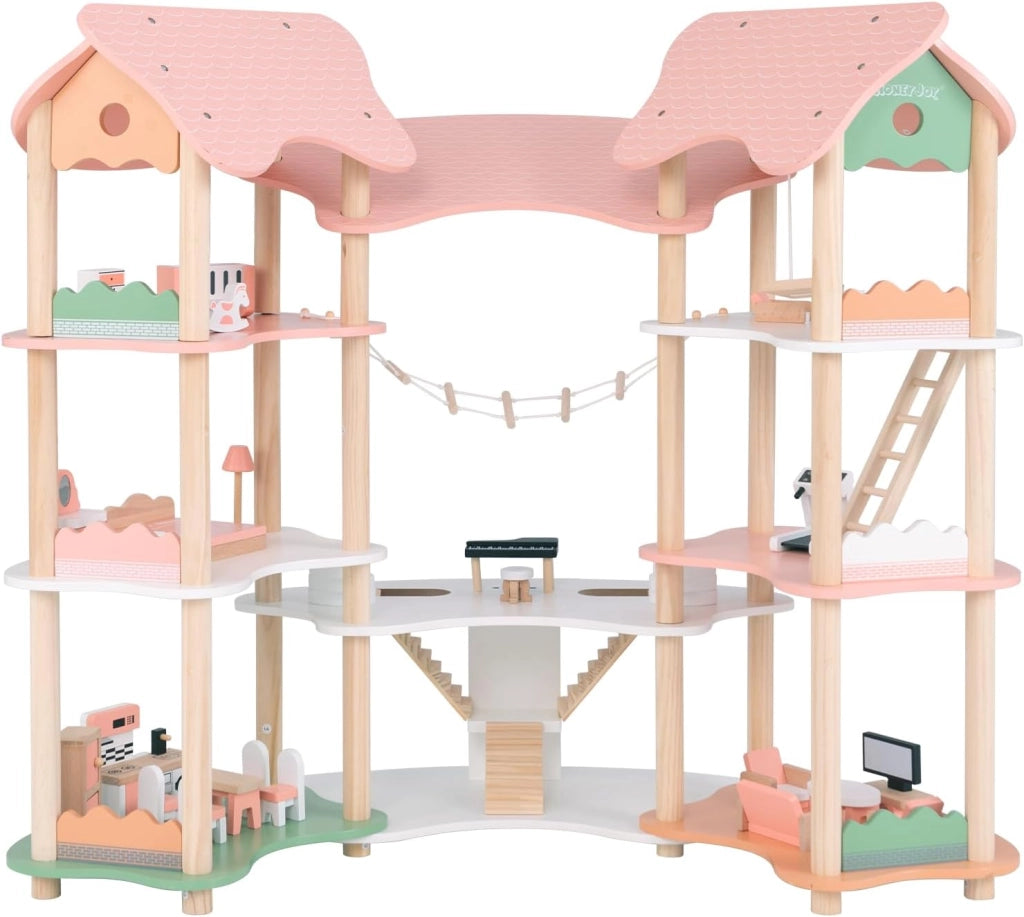 Casa delle Bambole in Legno, Casetta delle Bambole a 3 Piani con 7 Stanze e Mobili, Accessori Realistici, Regalo per Bambini 3+ Anni, 100 x 48 x 85,5 cm