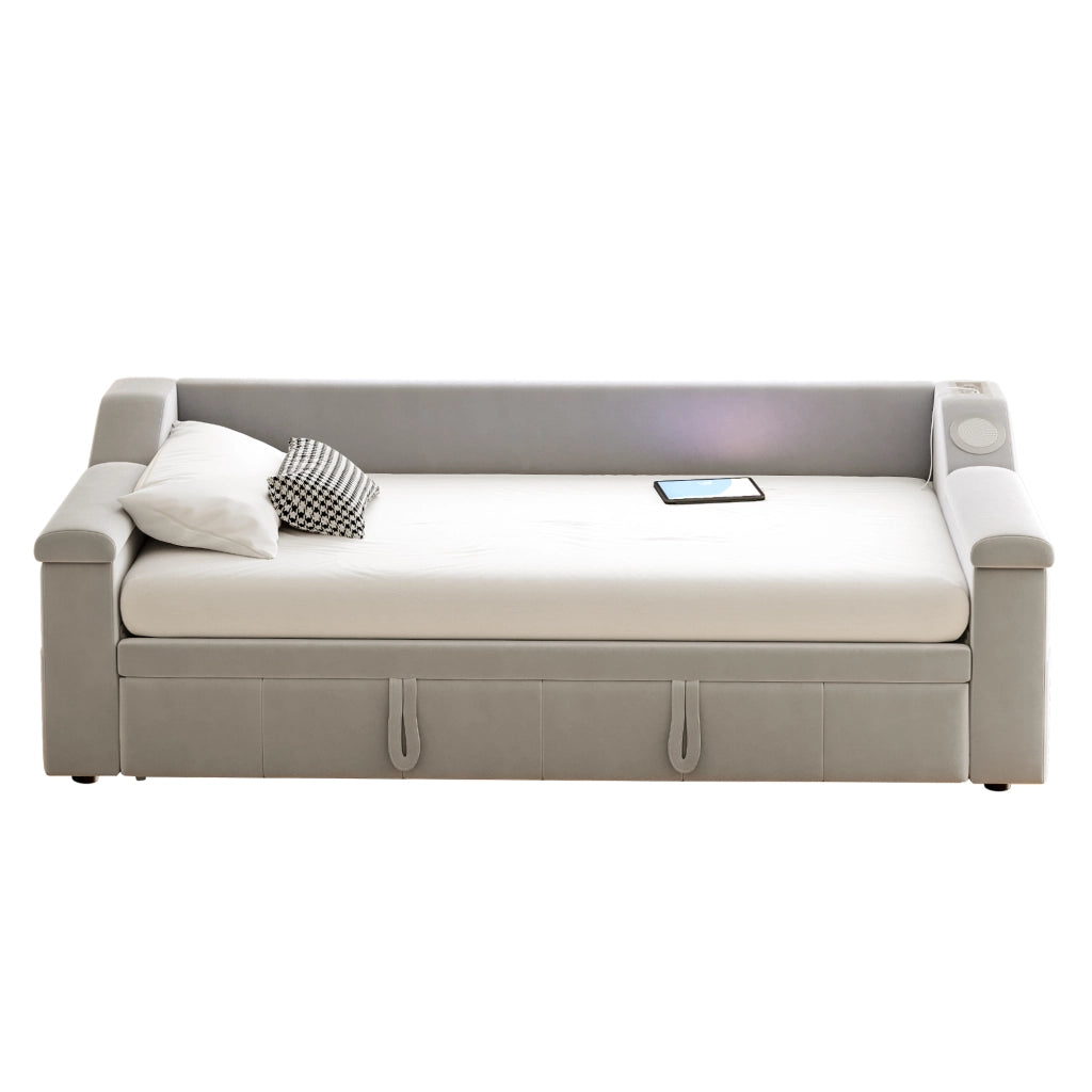 DESMIU Divano letto 90 × 190 cm e 180 × 190 cm 1 posto con USB, Bluetooth, vani portaoggetti, senza materasso, grigio