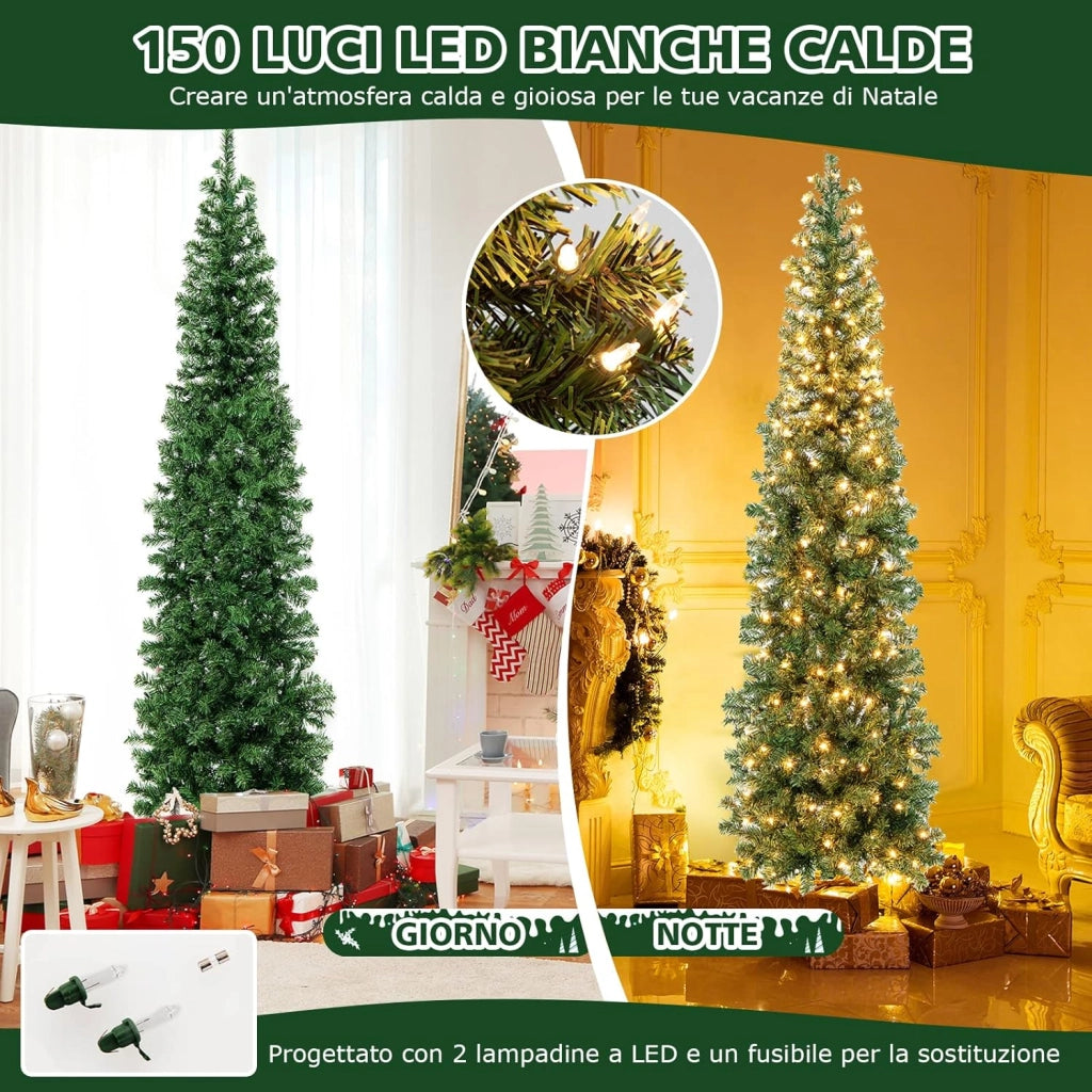Albero di Natale Mezzo 210 cm, Albero di Natale Artificiale Metà con 150 Luci LED, 450 Rami Folti e Base Pieghevole in Metallo, Ideale per Casa, Ufficio, Negozi e Hotel, Verde