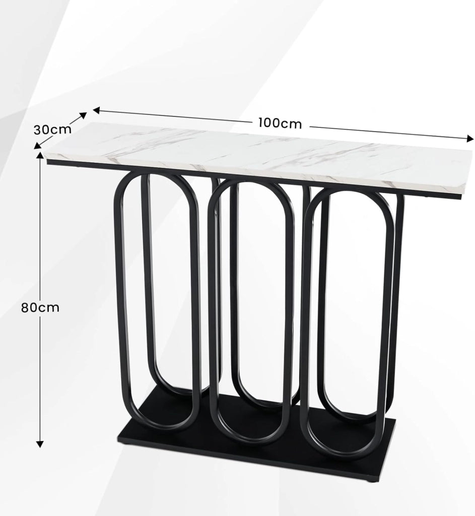 Tavolo consolle effetto marmo, tavolo d'ingresso con telaio rotondo in metallo, sottile, tavolino da salotto, con protezione antiribaltamento, tavolo lungo, 100 x 30 x 80 cm