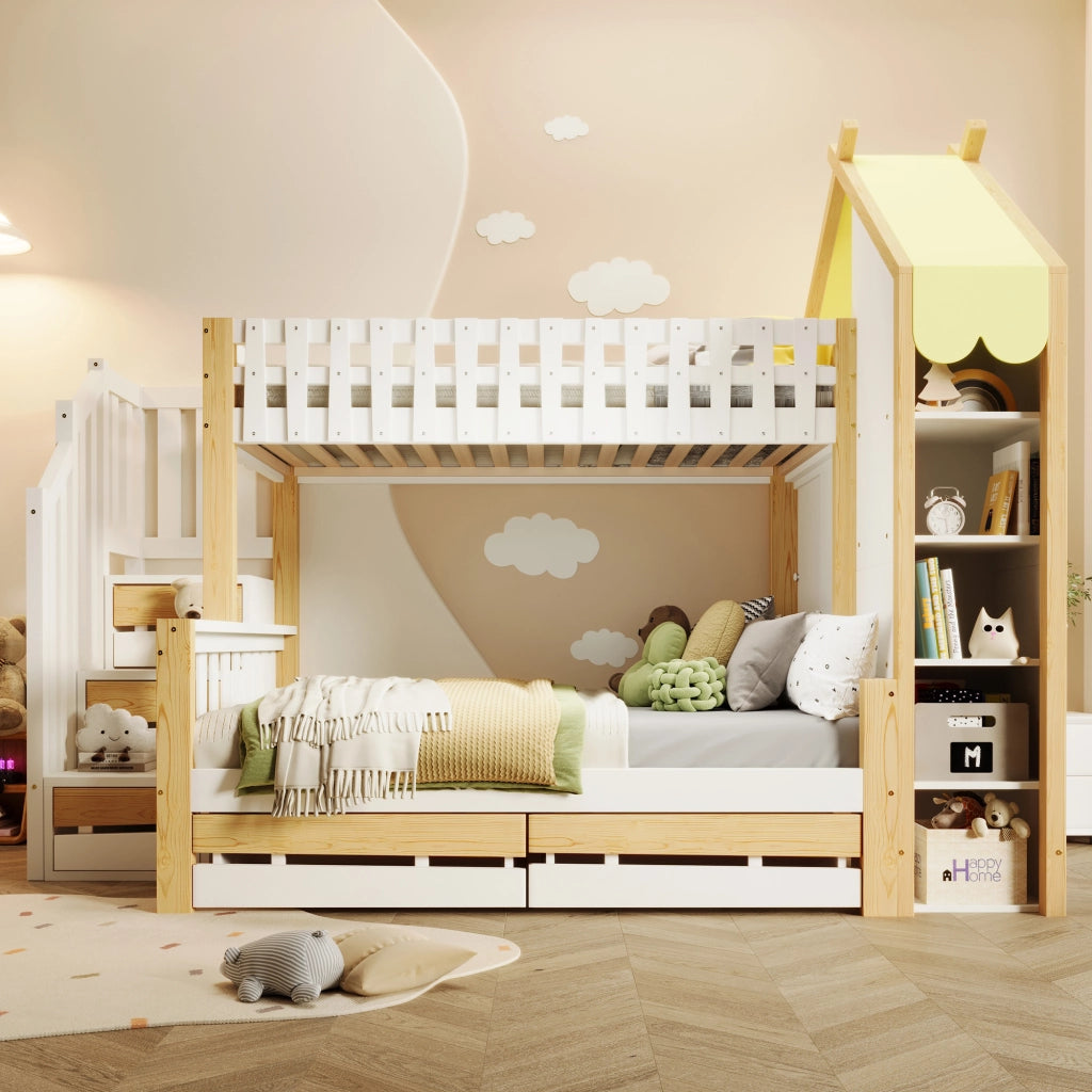 Letto a castello per bambini con tetto; 90x200 e 140x200 cm; in pino; bianco e naturale