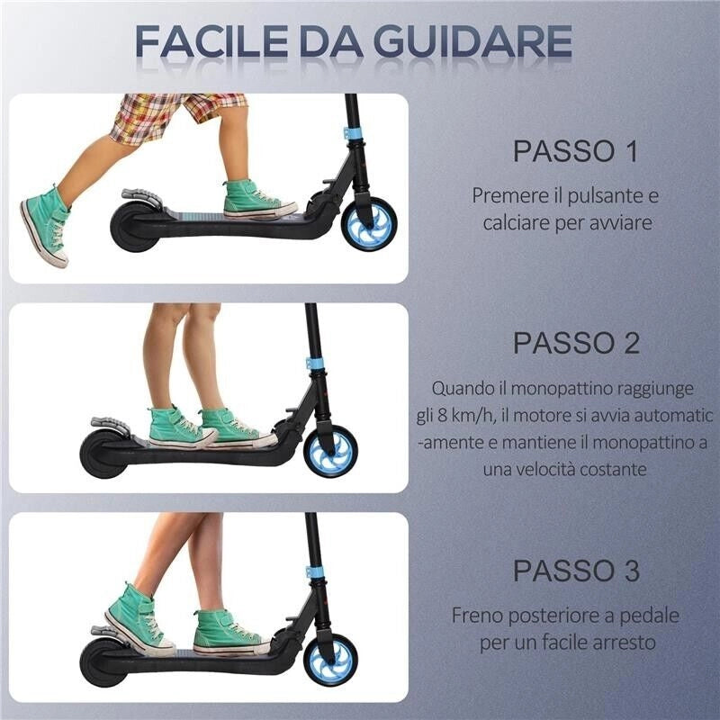 MONOPATTINO ELETTRICO PIEGHEVOLE PER BAMBINI 6+ ANNI AD ALTEZZA REGOLABILE, 71X36.5X75-80 CM, NERO E AZZURRO