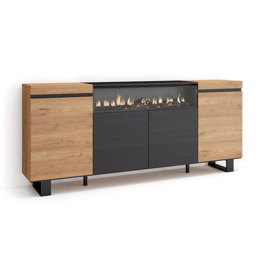 Credenza, Mobile, 200x35x87cm, 4 Porte, Camino elettrico, Design industriale, colore Rovere e nero RF2291