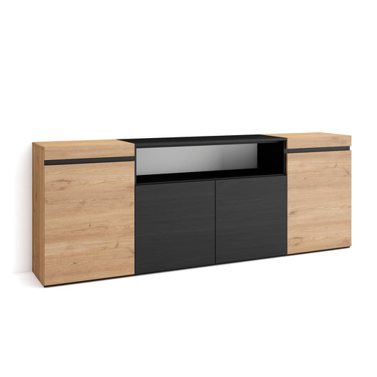 Credenza, Mobile, 200x35x75cm, 4 Porte, grande stoccaggio, colore Rovere e nero RF2288