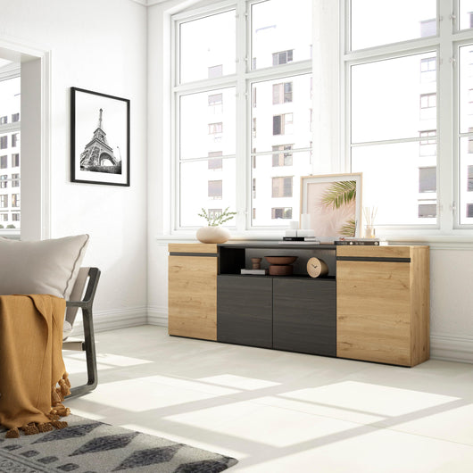 Credenza, Mobile, 200x35x75cm, 4 Porte, grande stoccaggio, colore Rovere e nero RF2288