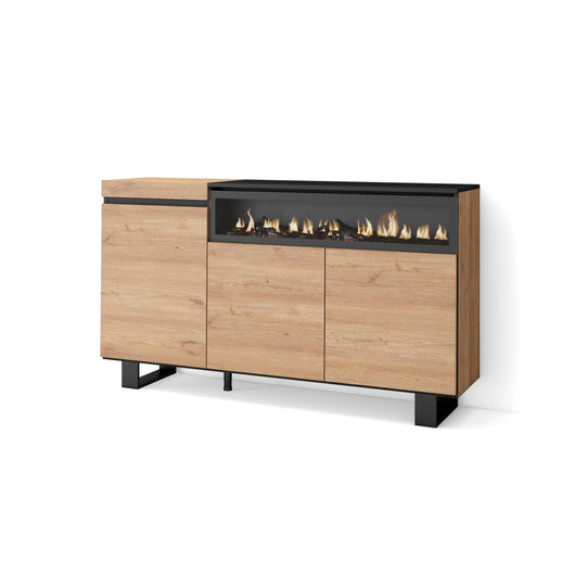 Credenza, Mobile, 150x35x87cm, 3 Porte, Camino elettrico, Design industriale, colore Rovere e nero RF2523