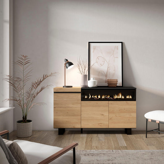 Credenza, Mobile, 150x35x87cm, 3 Porte, Camino elettrico, Design industriale, colore Rovere e nero RF2523