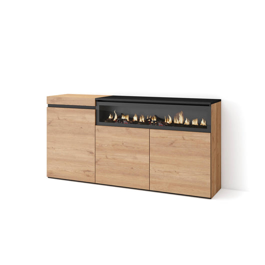 Credenza, Mobile, 150x35x75cm, 3 Porte, Camino elettrico, colore Rovere e nero RF2522