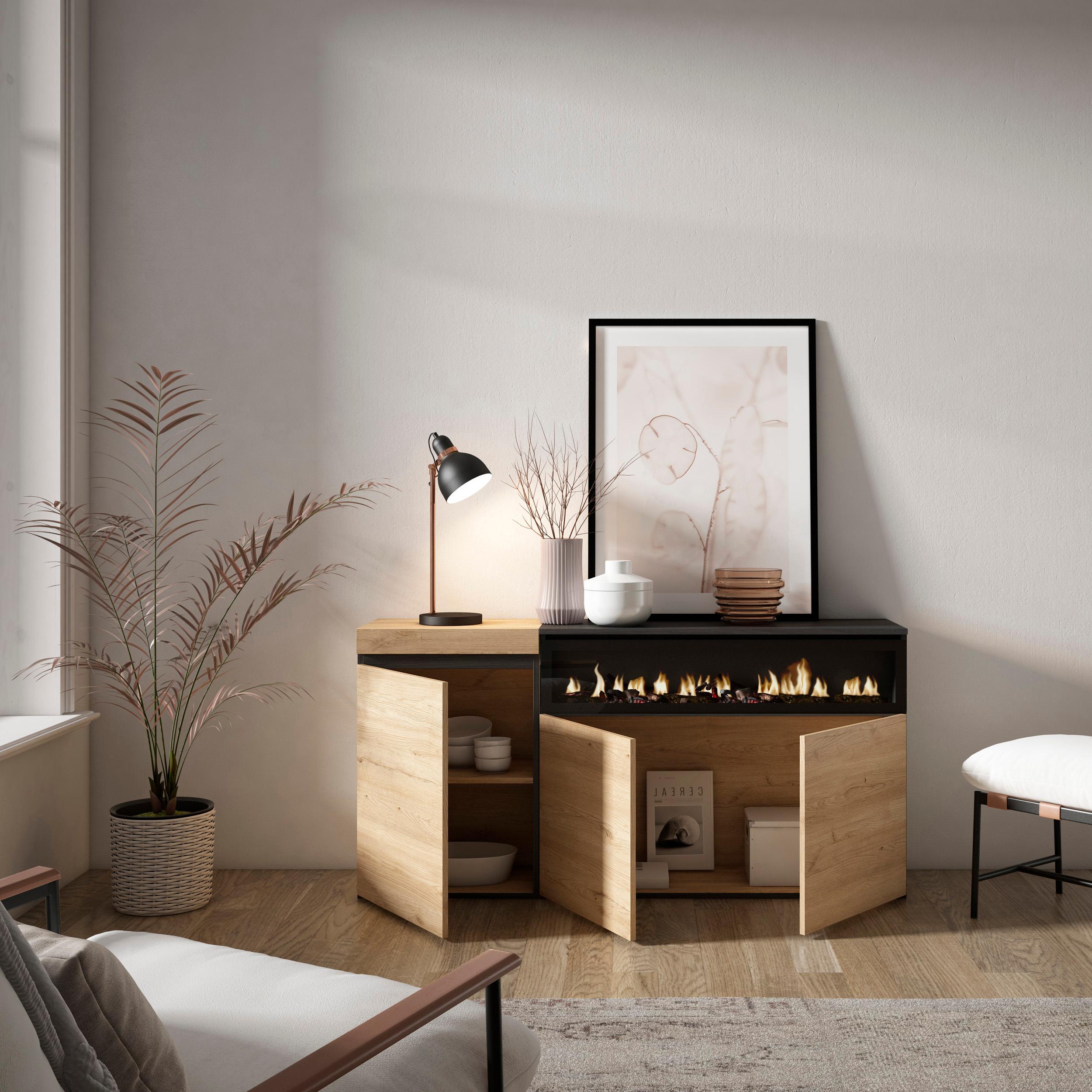 Credenza, Mobile, 150x35x75cm, 3 Porte, Camino elettrico, colore Rovere e nero RF2522