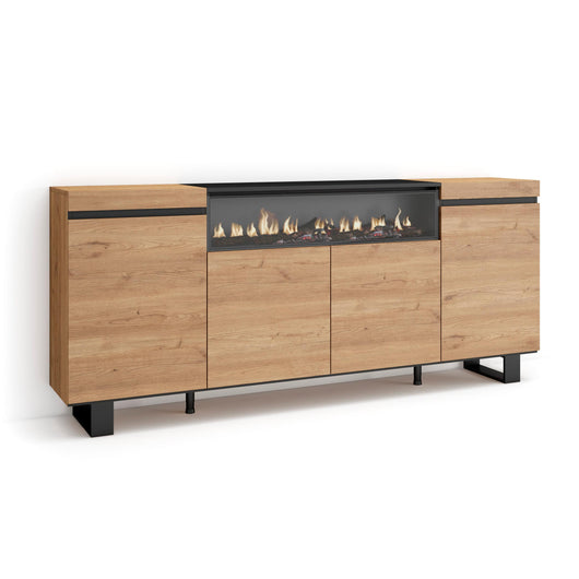 Credenza, Mobile, 200x35x87cm, 4 Porte, Camino elettrico, Design industriale, colore Rovere e nero RF2283