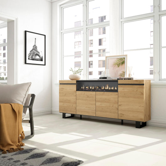 Credenza, Mobile, 200x35x87cm, 4 Porte, Camino elettrico, Design industriale, colore Rovere e nero RF2283