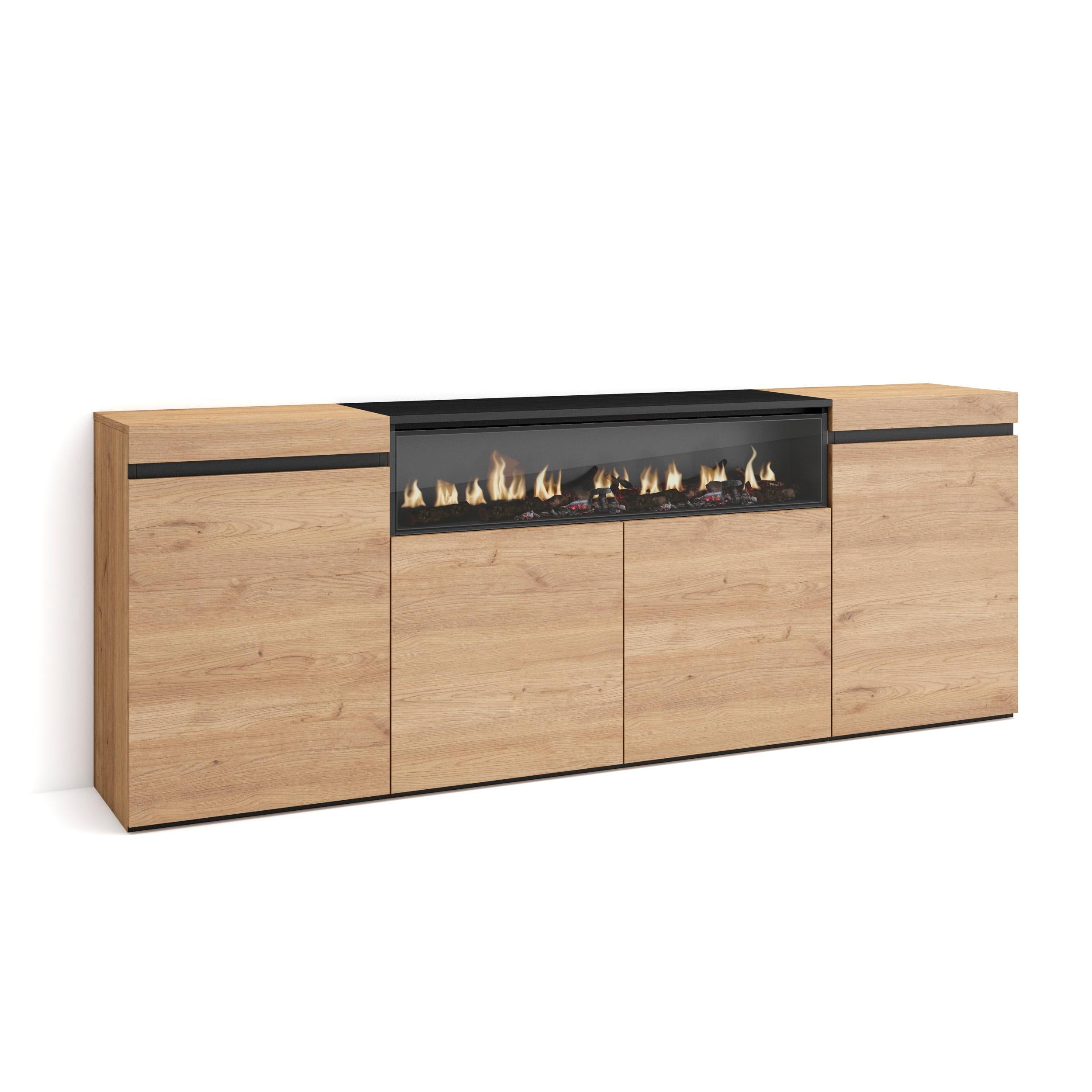 Credenza, Mobile, 200x35x75cm, 4 Porte, Camino elettrico, colore Rovere e nero RF2282