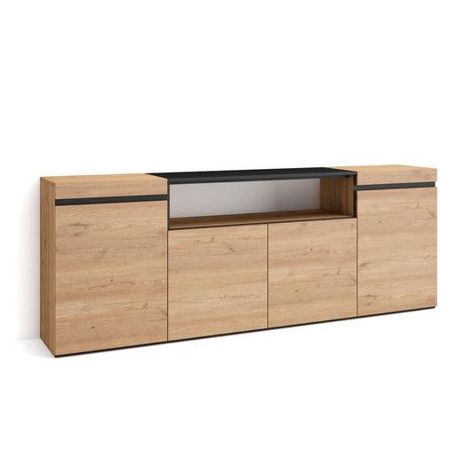 Credenza, Mobile, 200x35x75cm, 4 Porte, grande stoccaggio, colore Rovere e nero RF2280