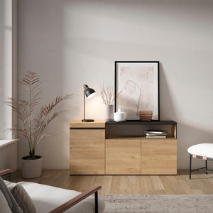 Credenza, Mobile, 150x35x75cm, 3 Porte, grande stoccaggio, colore Rovere e nero RF2520