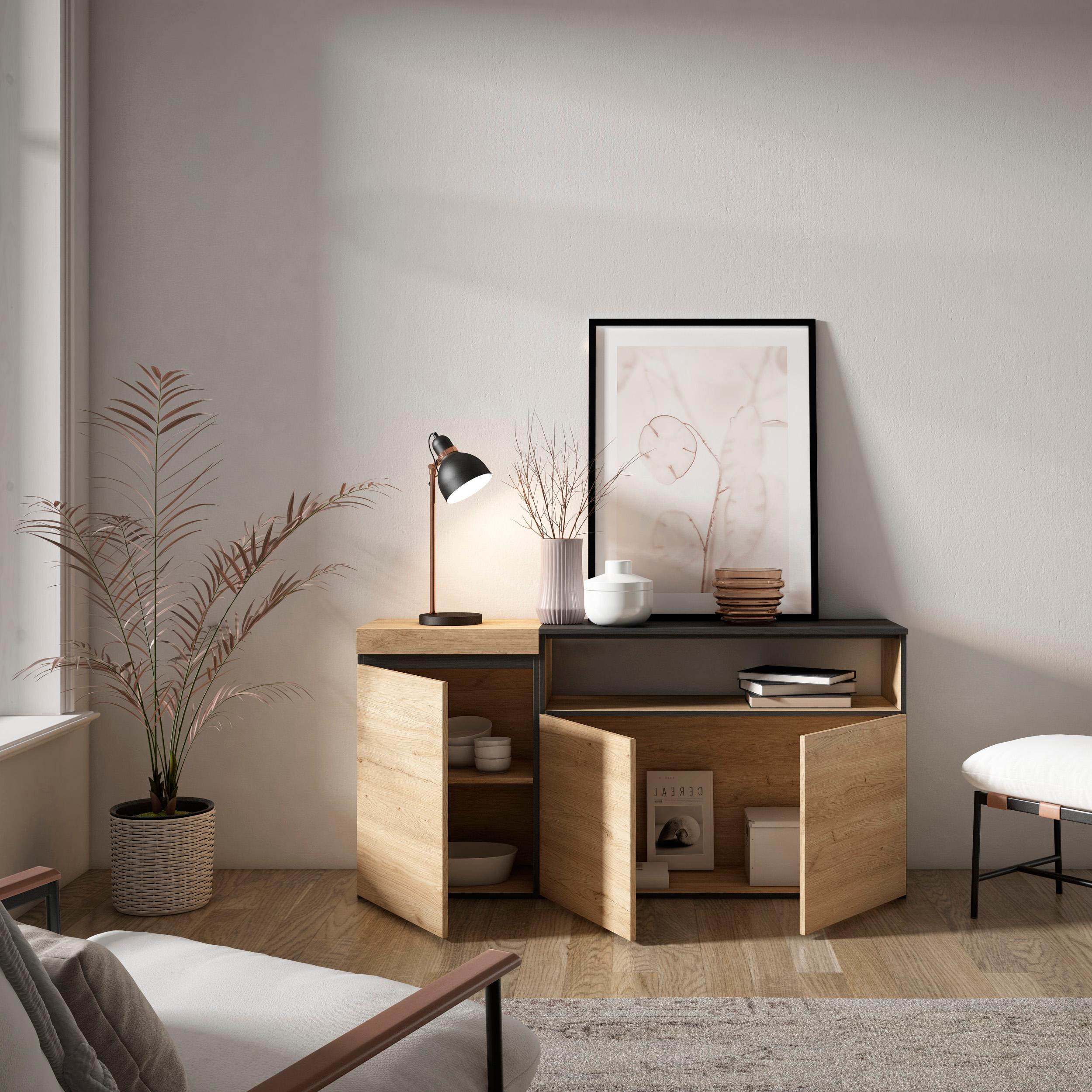 Credenza, Mobile, 150x35x75cm, 3 Porte, grande stoccaggio, colore Rovere e nero RF2520