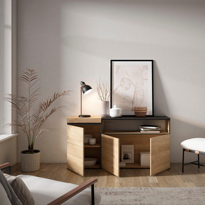 Credenza, Mobile, 150x35x75cm, 3 Porte, grande stoccaggio, colore Rovere e nero RF2520