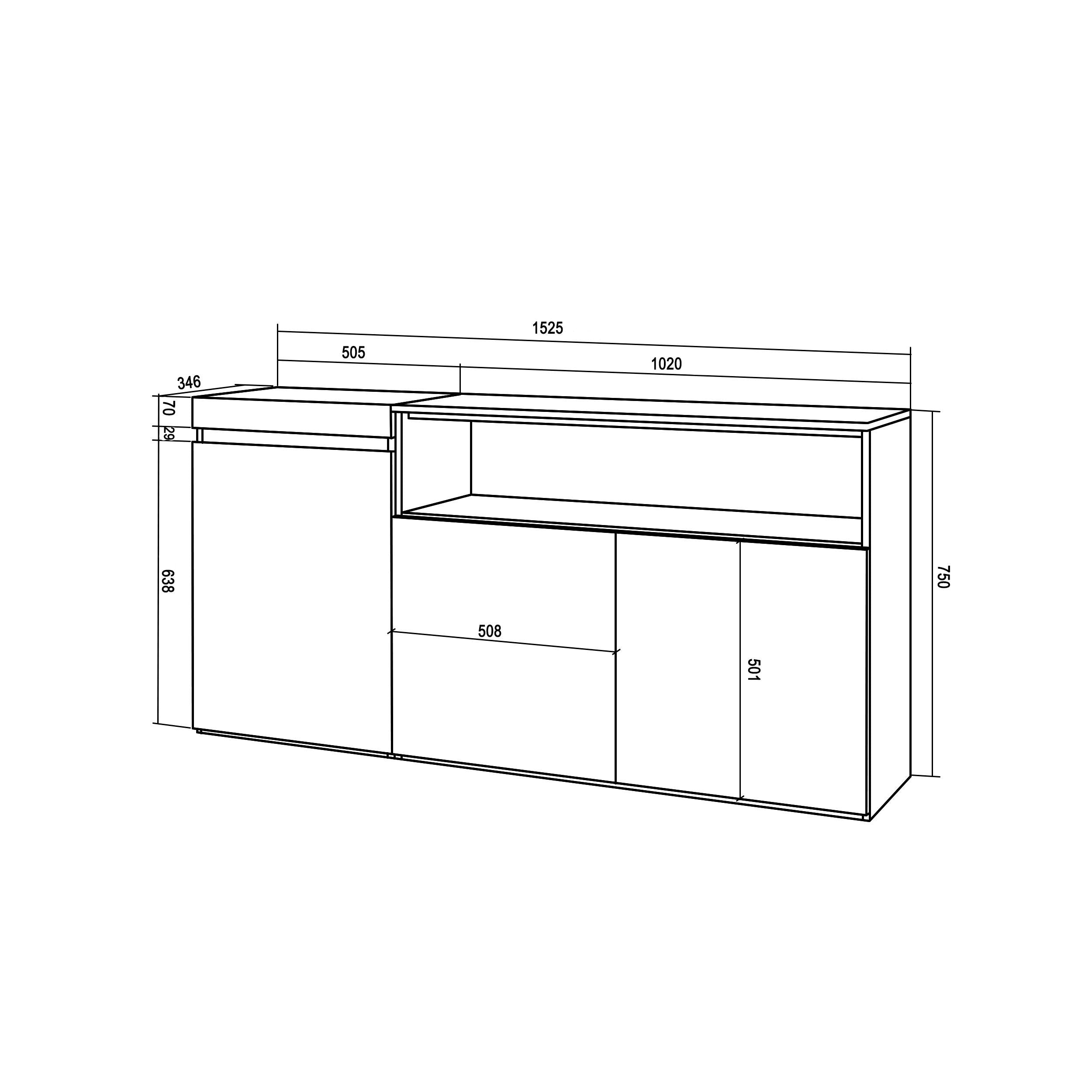 Credenza, Mobile, 150x35x75cm, 3 Porte, grande stoccaggio, colore Rovere e nero RF2520