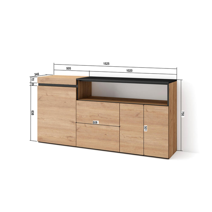 Credenza, Mobile, 150x35x75cm, 3 Porte, grande stoccaggio, colore Rovere e nero RF2520