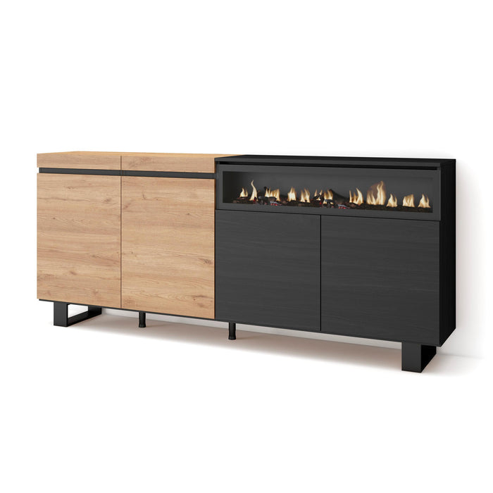 Credenza, Mobile, 200x35x87cm, 4 Porte, Camino elettrico, Design industriale, colore Rovere e nero RF2382