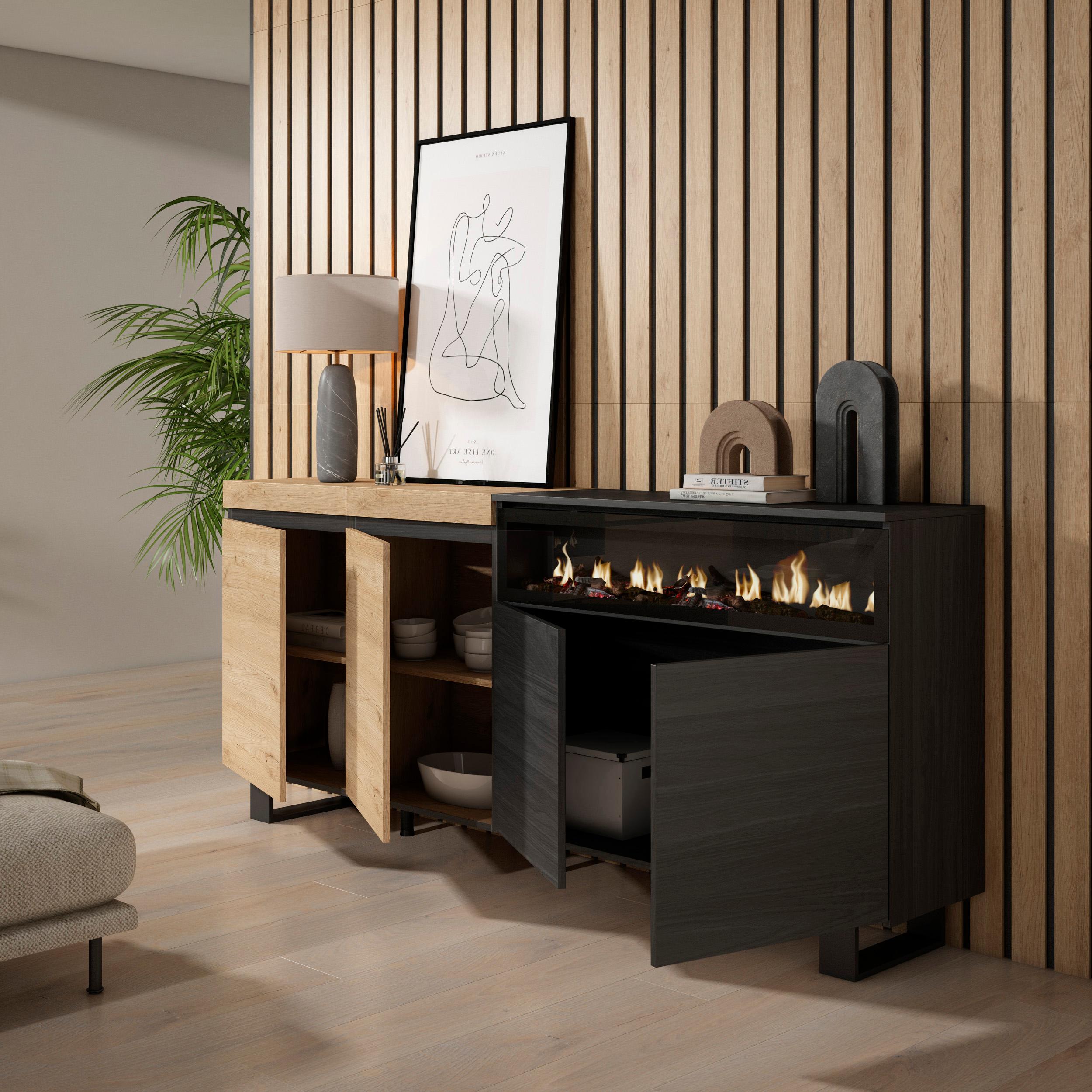 Credenza, Mobile, 200x35x87cm, 4 Porte, Camino elettrico, Design industriale, colore Rovere e nero RF2382