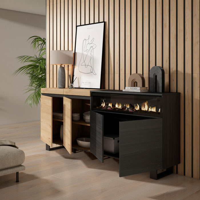 Credenza, Mobile, 200x35x87cm, 4 Porte, Camino elettrico, Design industriale, colore Rovere e nero RF2382