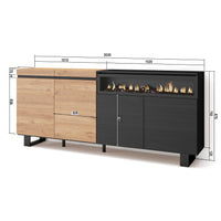Credenza, Mobile, 200x35x87cm, 4 Porte, Camino elettrico, Design industriale, colore Rovere e nero RF2382