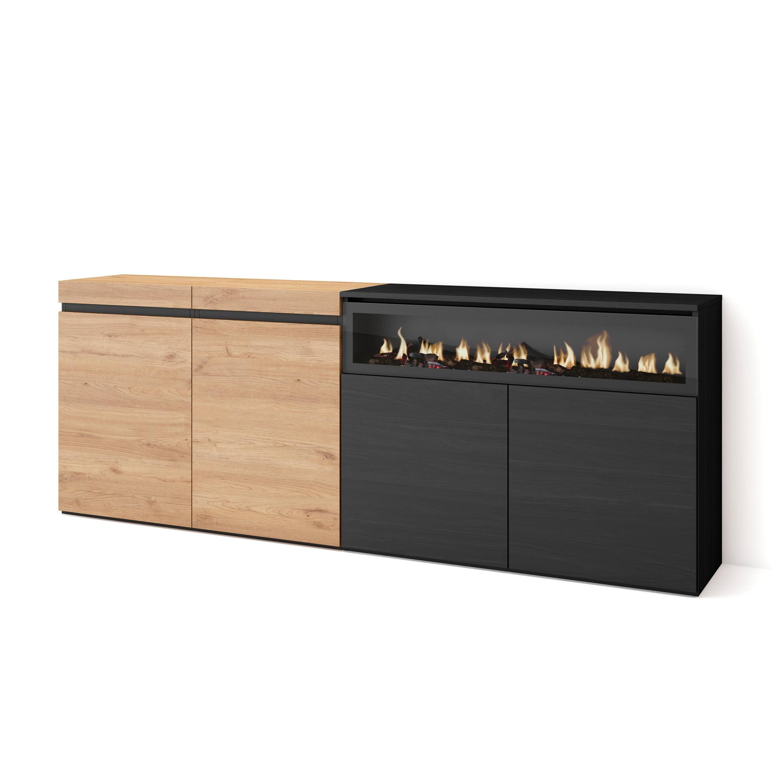 Credenza, Mobile, 200x35x75cm, 4 Porte, Camino elettrico, colore Rovere e nero RF2381