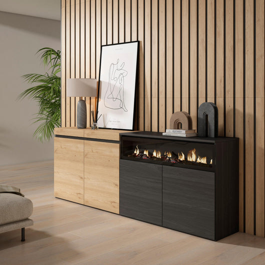 Credenza, Mobile, 200x35x75cm, 4 Porte, Camino elettrico, colore Rovere e nero RF2381