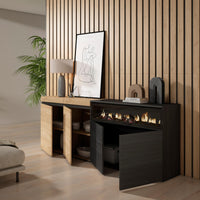 Credenza, Mobile, 200x35x75cm, 4 Porte, Camino elettrico, colore Rovere e nero RF2381