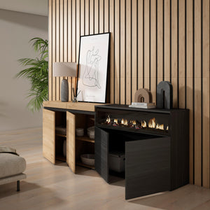 Credenza, Mobile, 200x35x75cm, 4 Porte, Camino elettrico, colore Rovere e nero RF2381