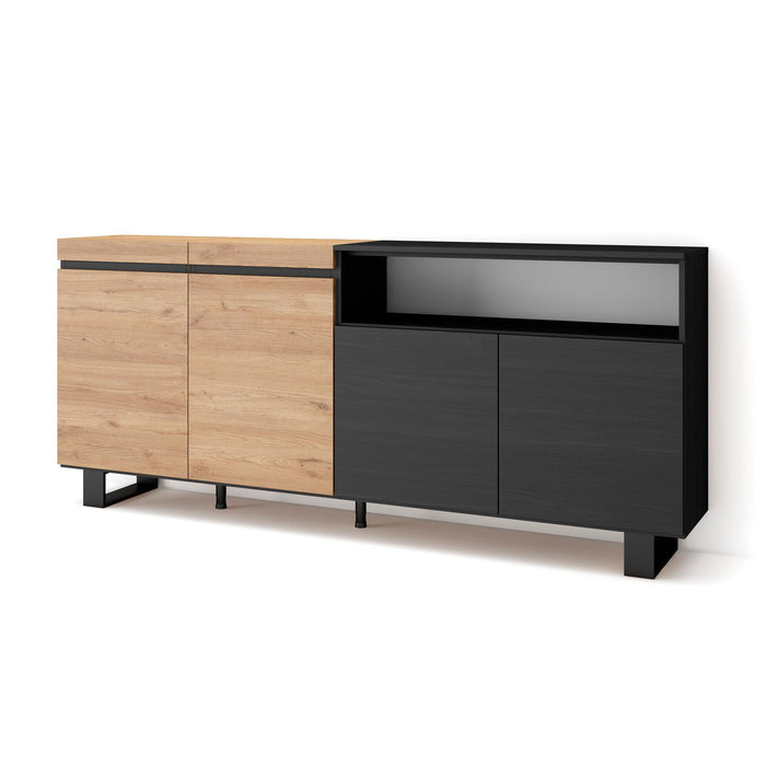 Credenza, Mobile, 200x35x87cm, 4 Porte, Design industriale, colore Rovere e nero RF2380