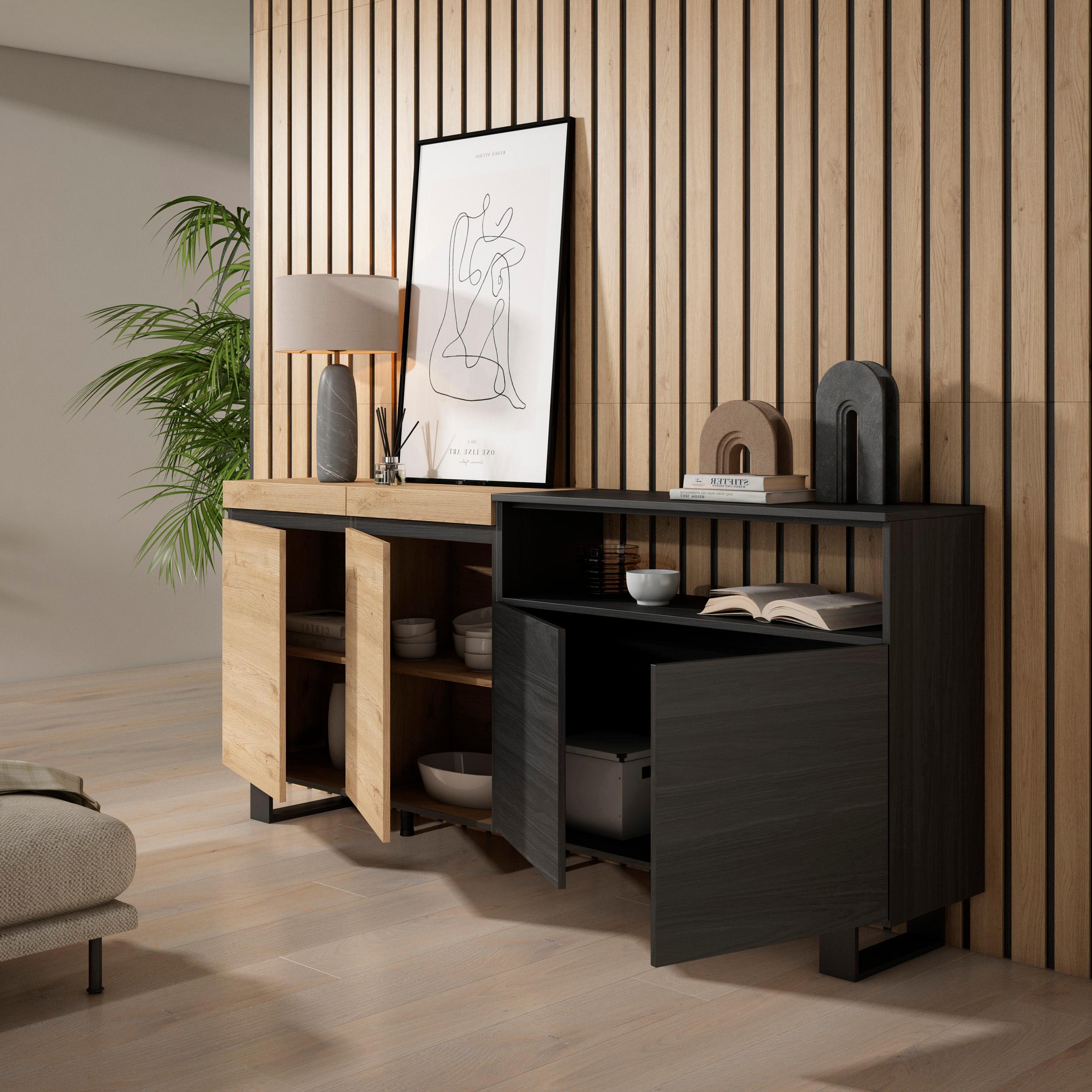Credenza, Mobile, 200x35x87cm, 4 Porte, Design industriale, colore Rovere e nero RF2380