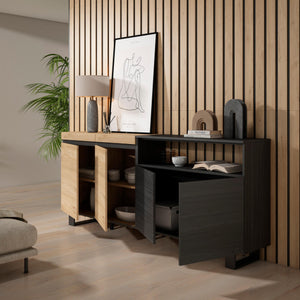 Credenza, Mobile, 200x35x87cm, 4 Porte, Design industriale, colore Rovere e nero RF2380