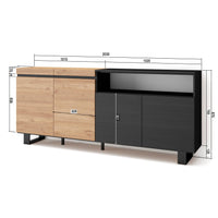 Credenza, Mobile, 200x35x87cm, 4 Porte, Design industriale, colore Rovere e nero RF2380