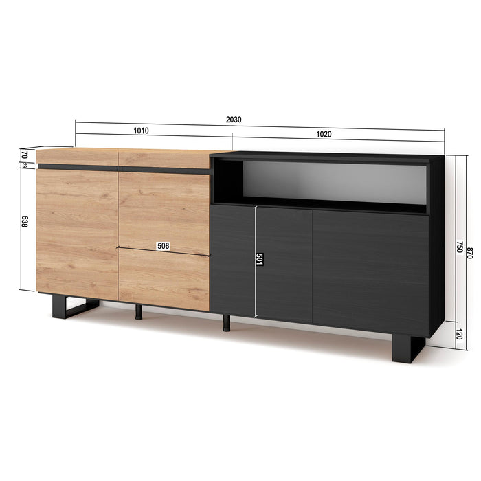 Credenza, Mobile, 200x35x87cm, 4 Porte, Design industriale, colore Rovere e nero RF2380