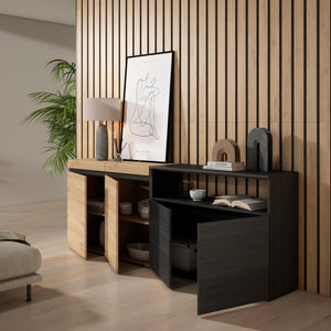 Credenza, Mobile, 200x35x75cm, 4 Porte, grande stoccaggio, colore Rovere e nero RF2379