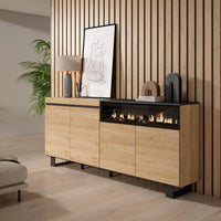 Credenza, Mobile, 200x35x87cm, 4 Porte, Camino elettrico, Design industriale, colore Rovere e nero RF2319