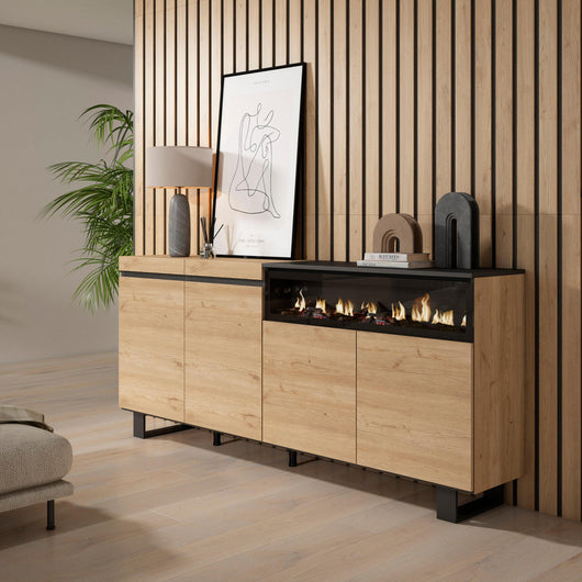 Credenza, Mobile, 200x35x87cm, 4 Porte, Camino elettrico, Design industriale, colore Rovere e nero RF2319