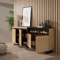 Credenza, Mobile, 200x35x87cm, 4 Porte, Camino elettrico, Design industriale, colore Rovere e nero RF2319