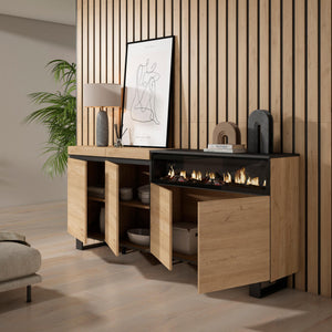 Credenza, Mobile, 200x35x87cm, 4 Porte, Camino elettrico, Design industriale, colore Rovere e nero RF2319