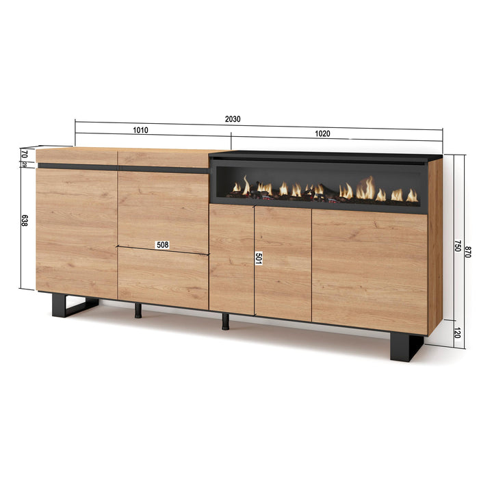 Credenza, Mobile, 200x35x87cm, 4 Porte, Camino elettrico, Design industriale, colore Rovere e nero RF2319