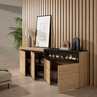 Credenza, Mobile, 200x35x75cm, 4 Porte, Camino elettrico, colore Rovere e nero RF2318
