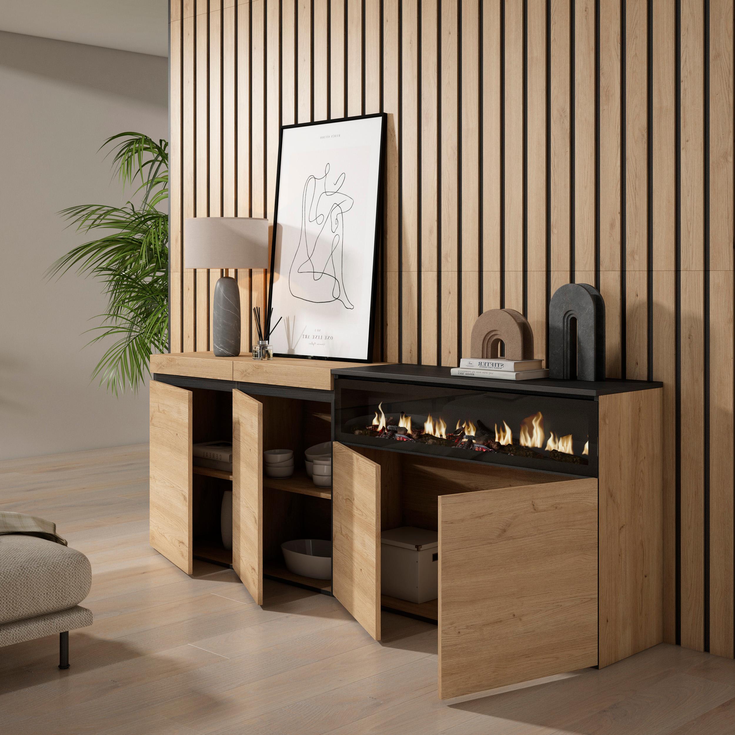 Credenza, Mobile, 200x35x75cm, 4 Porte, Camino elettrico, colore Rovere e nero RF2318