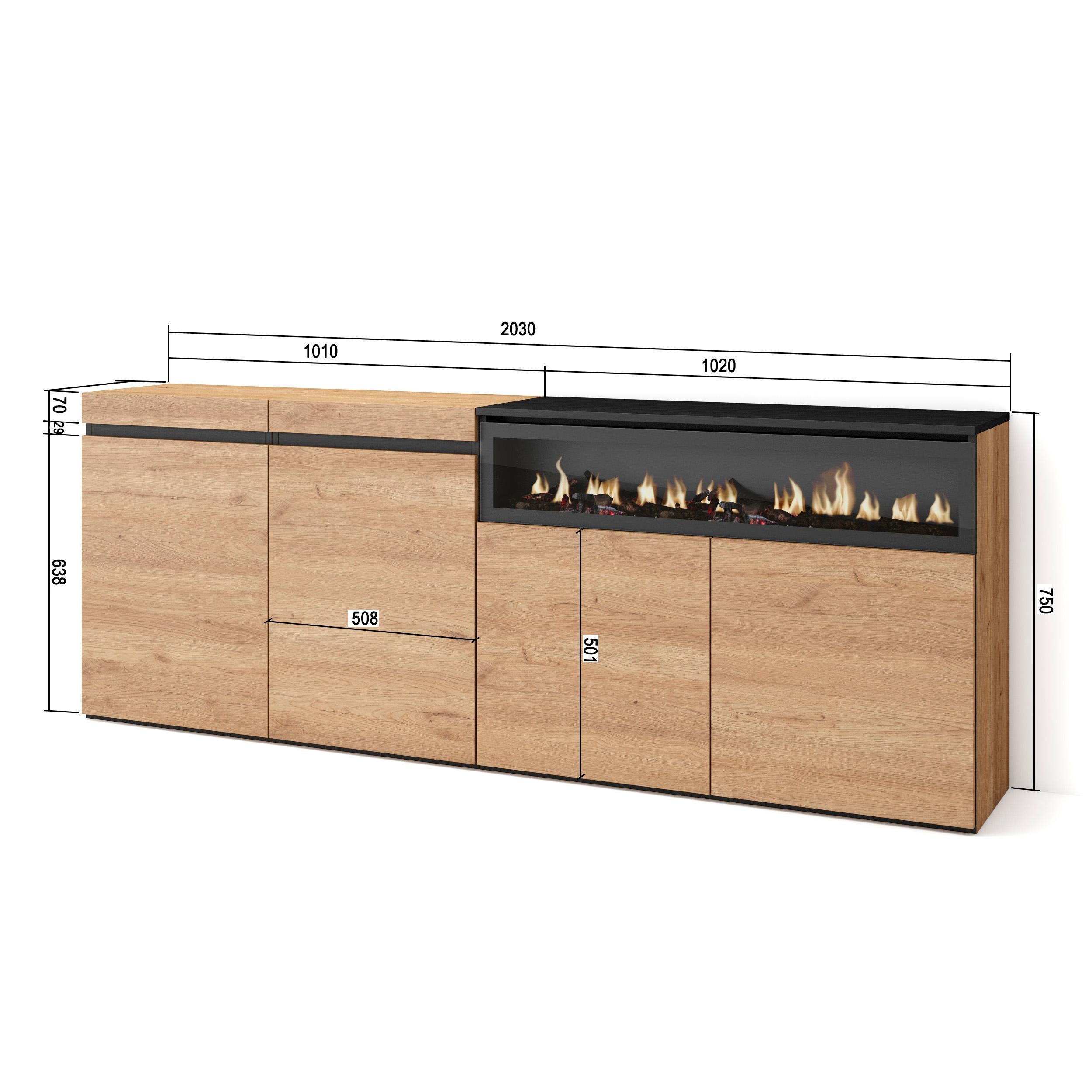 Credenza, Mobile, 200x35x75cm, 4 Porte, Camino elettrico, colore Rovere e nero RF2318