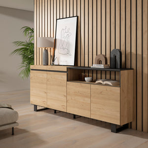 Credenza, Mobile, 200x35x87cm, 4 Porte, Design industriale, colore Rovere e nero RF2317