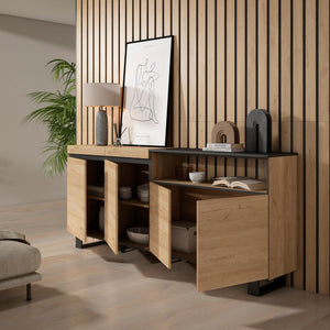 Credenza, Mobile, 200x35x87cm, 4 Porte, Design industriale, colore Rovere e nero RF2317