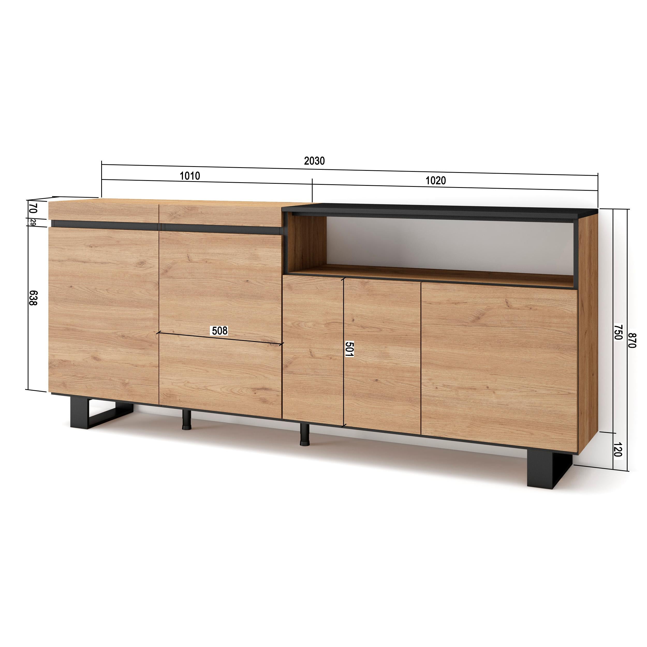 Credenza, Mobile, 200x35x87cm, 4 Porte, Design industriale, colore Rovere e nero RF2317